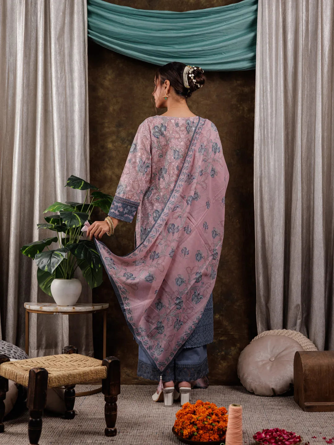 Pink Cotton Schiffli Floral Print Kurta Dupatta Set With Lace Detailing-Yufta Store-7189SKDPKS