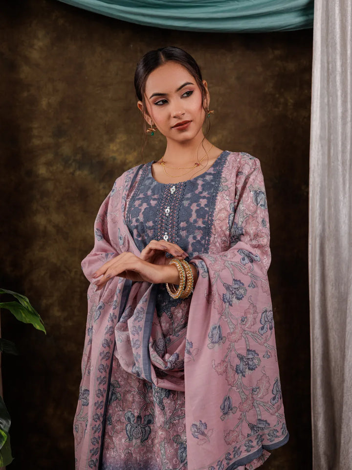 Pink Cotton Schiffli Floral Print Kurta Dupatta Set With Lace Detailing-Yufta Store-7189SKDPKS