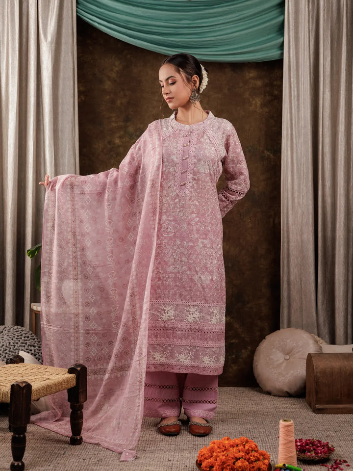 Pink Cotton Schiffli Kurta Dupatta Set With Lace Detailing-Yufta Store-7186SKDPKS