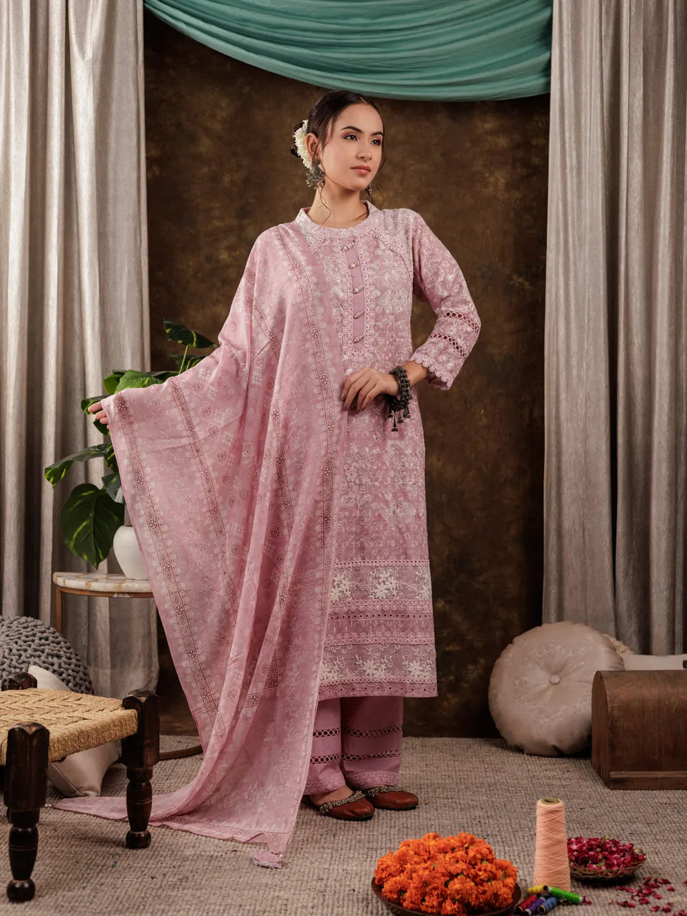 Pink Cotton Schiffli Kurta Dupatta Set With Lace Detailing-Yufta Store-7186SKDPKS