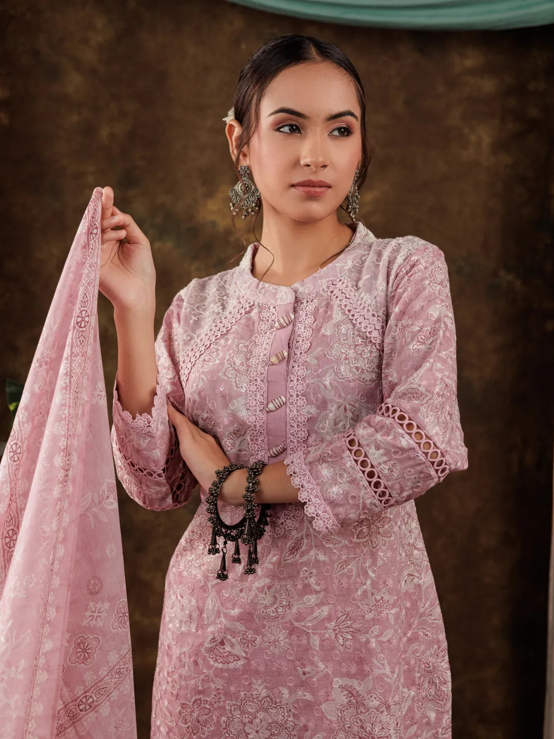 Pink Cotton Schiffli Kurta Dupatta Set With Lace Detailing-Yufta Store-7186SKDPKS