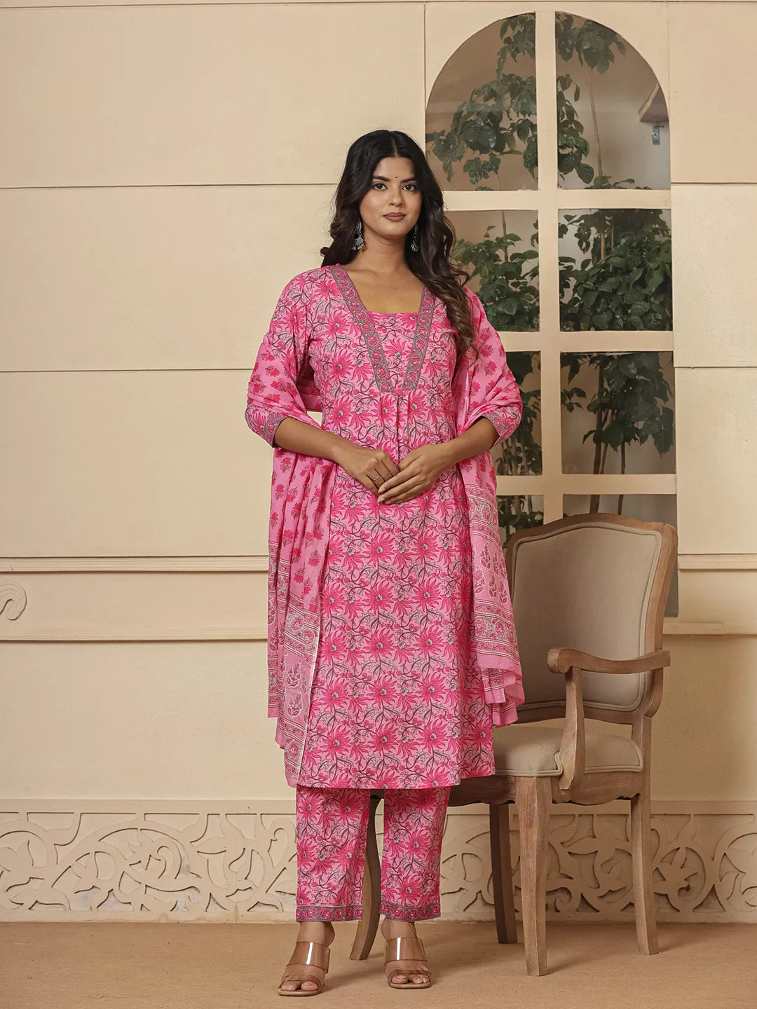 Pink Cotton Sequins_Work Kurta Dupatta Set-Yufta Store-7005SKDPKS