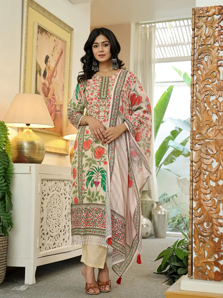 Pink Cotton Straight Floral Print Beads And Stones Lace Work Kurta Dupatta Set