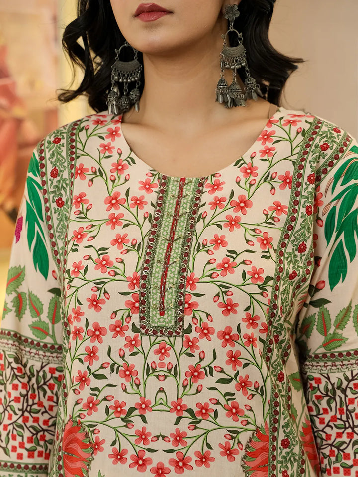 Pink Cotton Straight Floral Print Beads And Stones Lace Work Kurta Dupatta Set