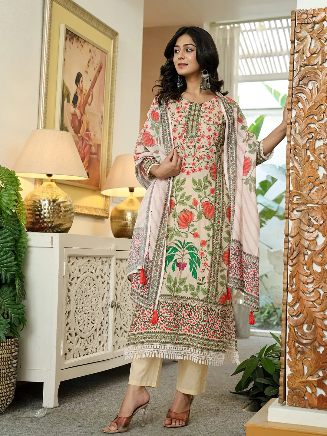 Pink Cotton Straight Floral Print Beads And Stones Lace Work Kurta Dupatta Set