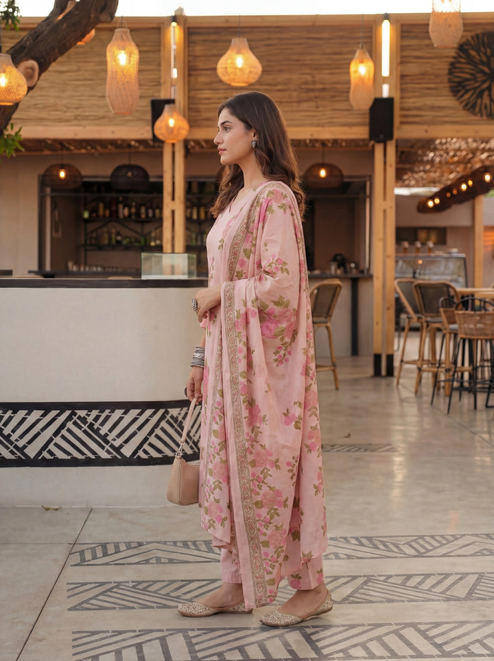 Pink Cotton Straight Kurta Pant Dupatta Set