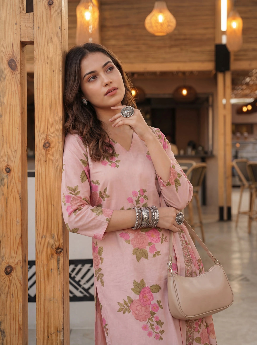 Pink Cotton Straight Kurta Pant Dupatta Set