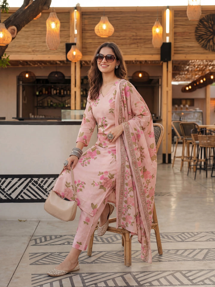 Pink Cotton Straight Kurta Pant Dupatta Set