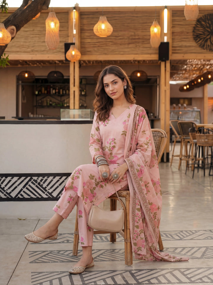 Pink Cotton Straight Kurta Pant Dupatta Set