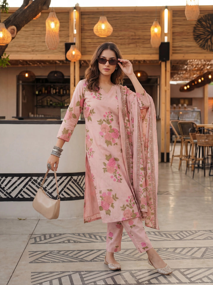Pink Cotton Straight Kurta Pant Dupatta Set