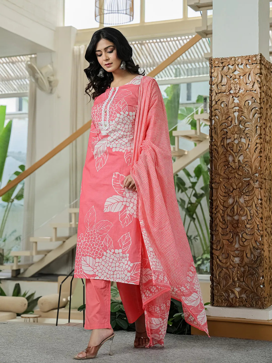 Pink Cotton Straight Lace Wor Kurta Dupatta Set-Yufta Store-6659SKDPKM