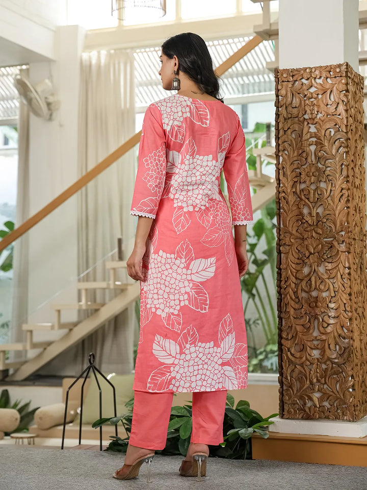 Pink Cotton Straight Lace Wor Kurta Dupatta Set-Yufta Store-6659SKDPKM