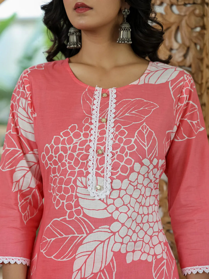 Pink Cotton Straight Lace Wor Kurta Dupatta Set-Yufta Store-6659SKDPKM