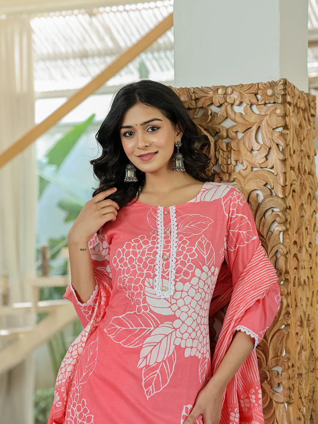 Pink Cotton Straight Lace Wor Kurta Dupatta Set-Yufta Store-6659SKDPKM