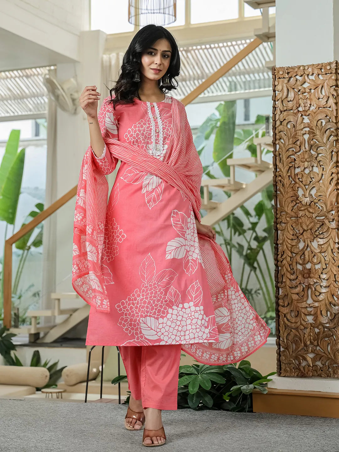 Pink Cotton Straight Lace Wor Kurta Dupatta Set-Yufta Store-6659SKDPKM