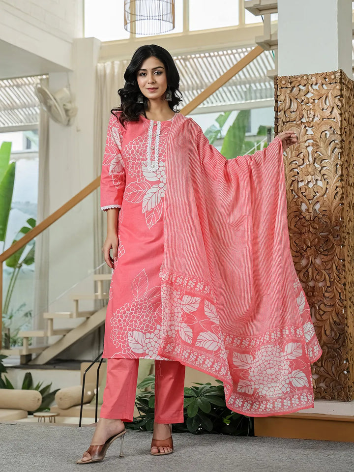 Pink Cotton Straight Lace Wor Kurta Dupatta Set-Yufta Store-6659SKDPKM
