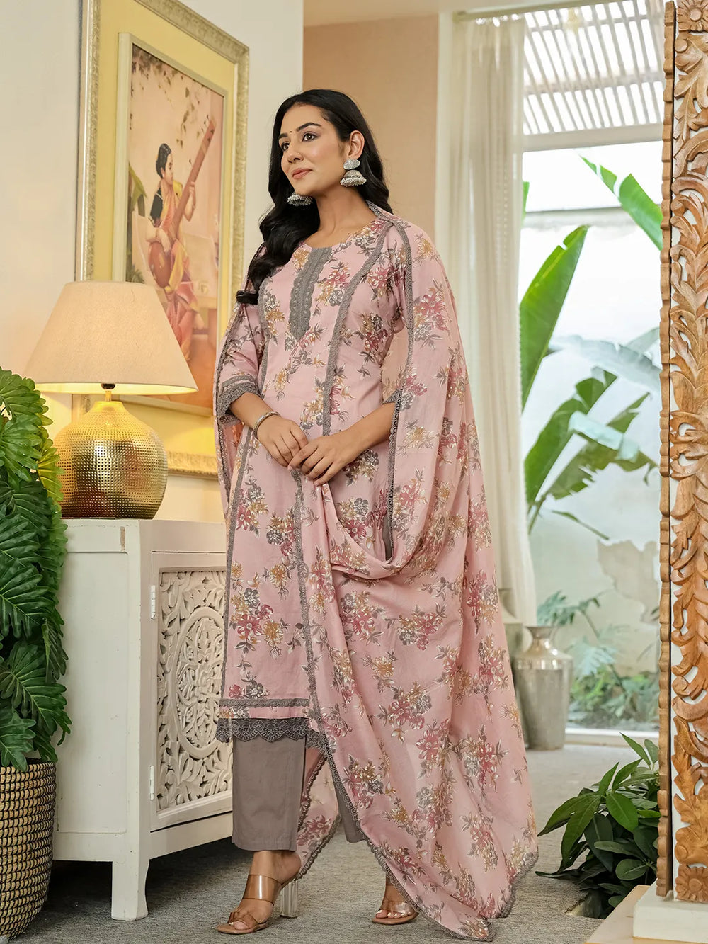 Pink Cotton Straight Lace Work Kurta Dupatta Set-Yufta Store-6525SKDPKM