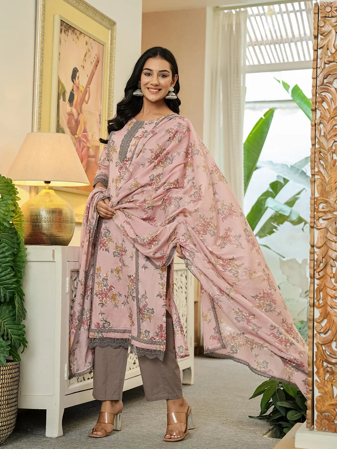 Pink Cotton Straight Lace Work Kurta Dupatta Set-Yufta Store-6525SKDPKM