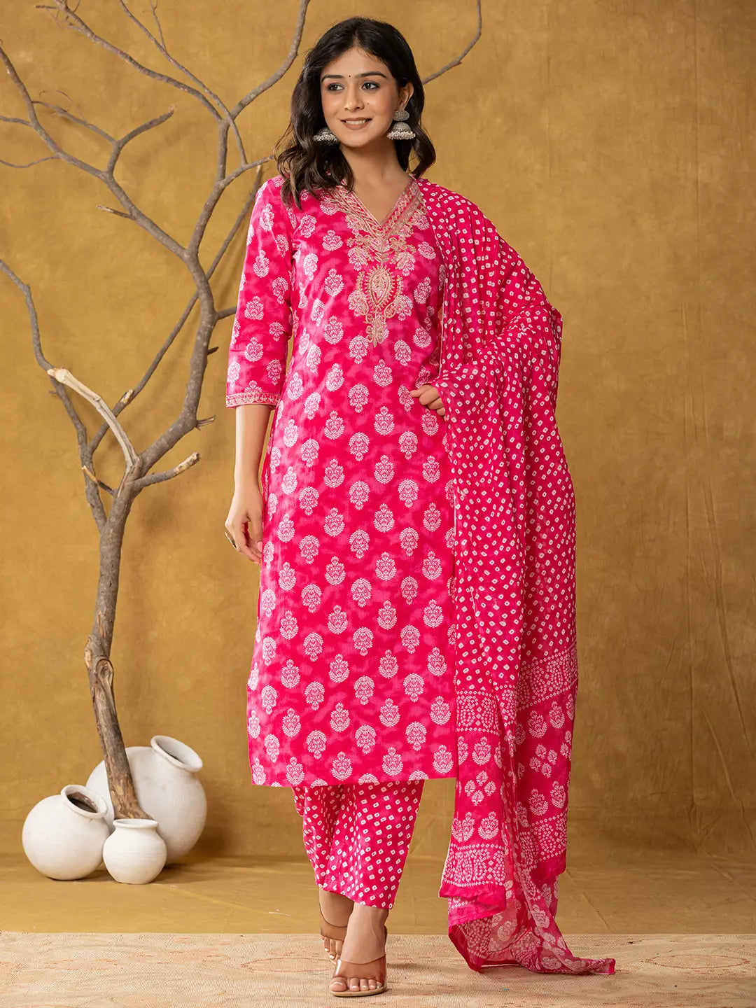 Pink Cotton Zari Work Straight Kurta Dupatta Set-Yufta Store-7331SKDPKS