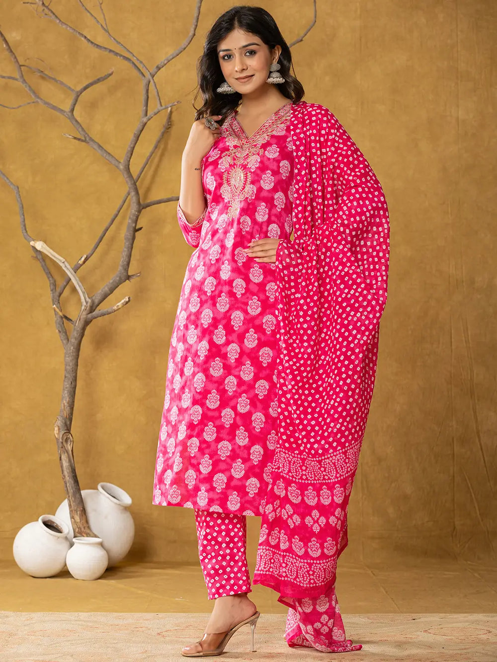 Pink Cotton Zari Work Straight Kurta Dupatta Set-Yufta Store-7331SKDPKS