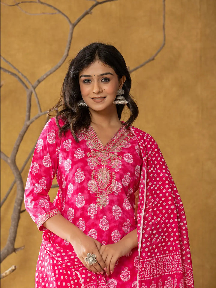 Pink Cotton Zari Work Straight Kurta Dupatta Set-Yufta Store-7331SKDPKS