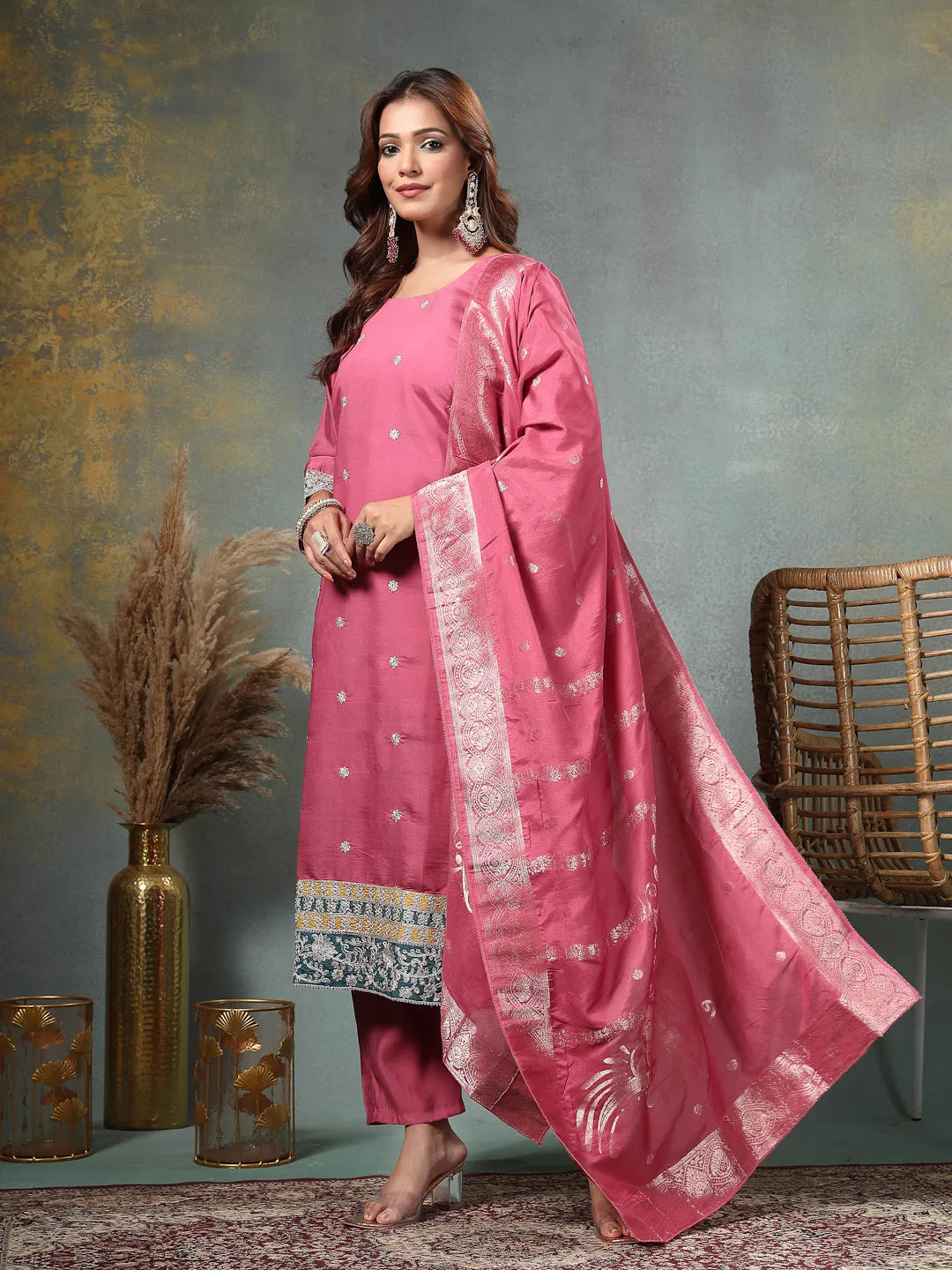 Pink Dori-Embroidery Straight Silk Blend Kurta Trouser Dupatta Set-Yufta Store-6719SKDPKM