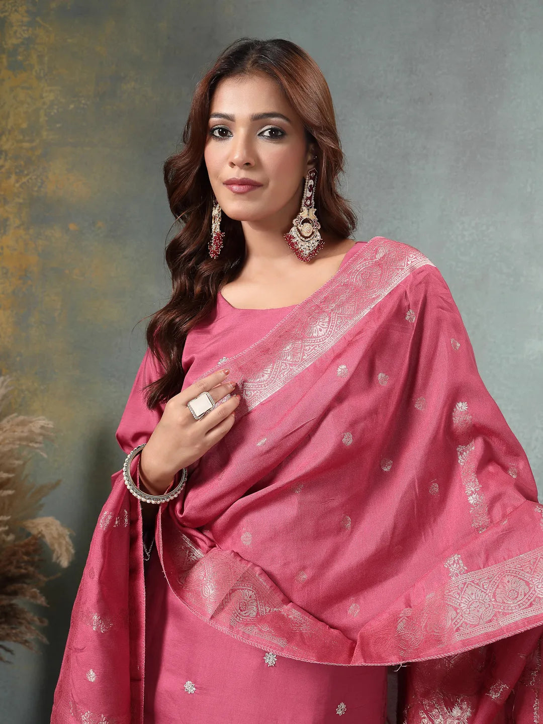 Pink Dori-Embroidery Straight Silk Blend Kurta Trouser Dupatta Set-Yufta Store-6719SKDPKM