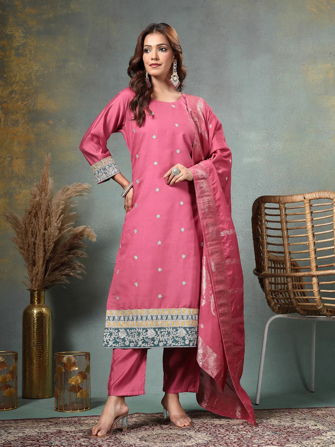 Pink Dori-Embroidery Straight Silk Blend Kurta Trouser Dupatta Set-Yufta Store-6719SKDPKM