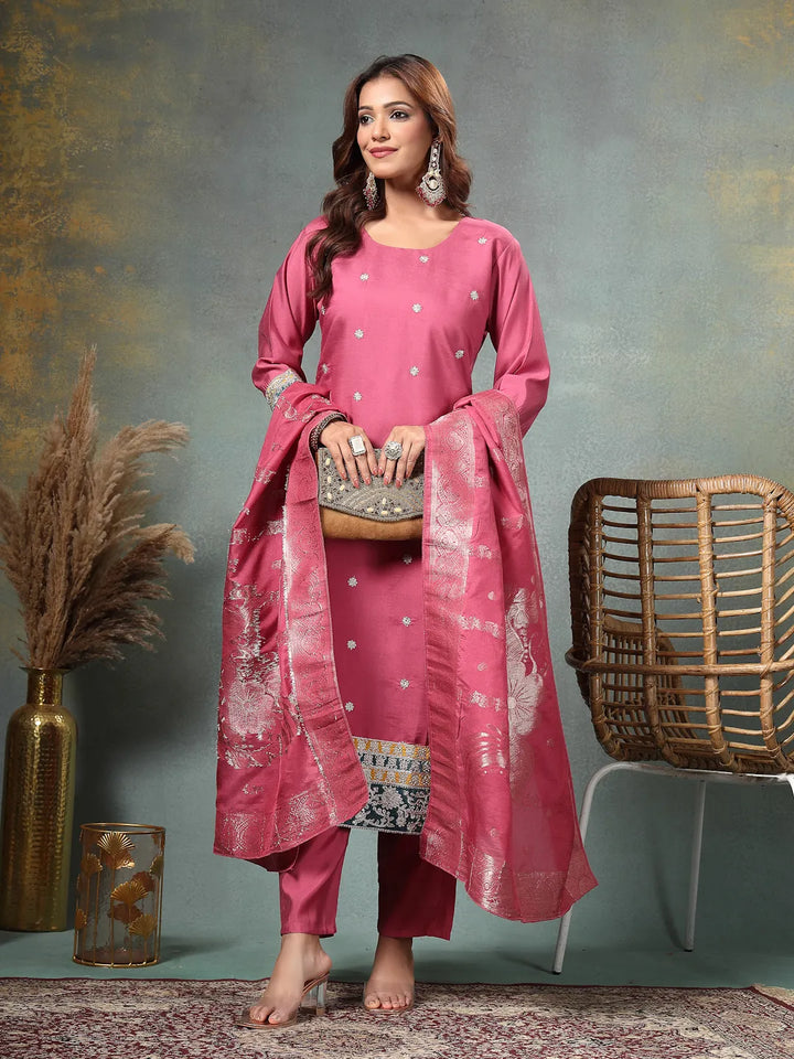 Pink Dori-Embroidery Straight Silk Blend Kurta Trouser Dupatta Set-Yufta Store-6719SKDPKM