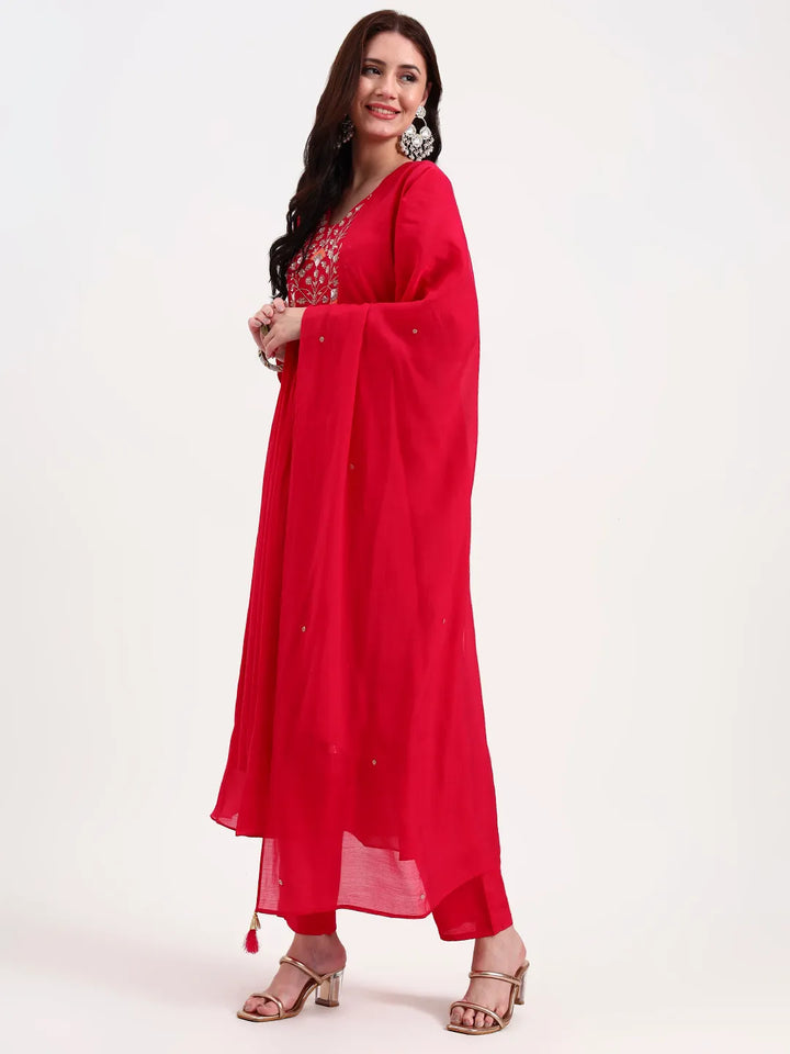 Pink Embroidered Chanderi Silk A-Line Kurta Trouser Dupatta Set