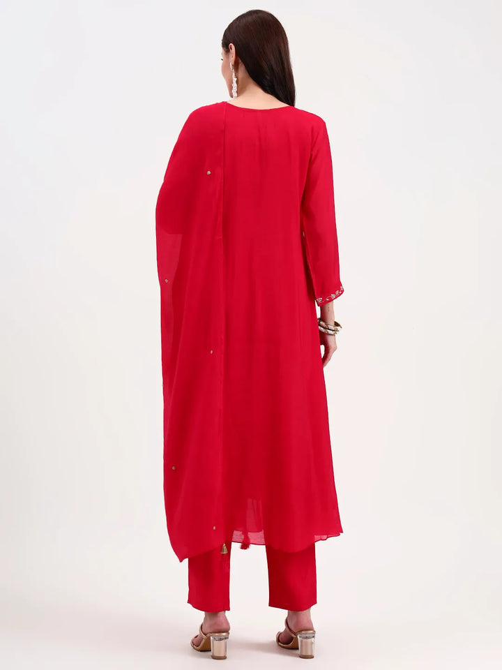 Pink Embroidered Chanderi Silk A-Line Kurta Trouser Dupatta Set
