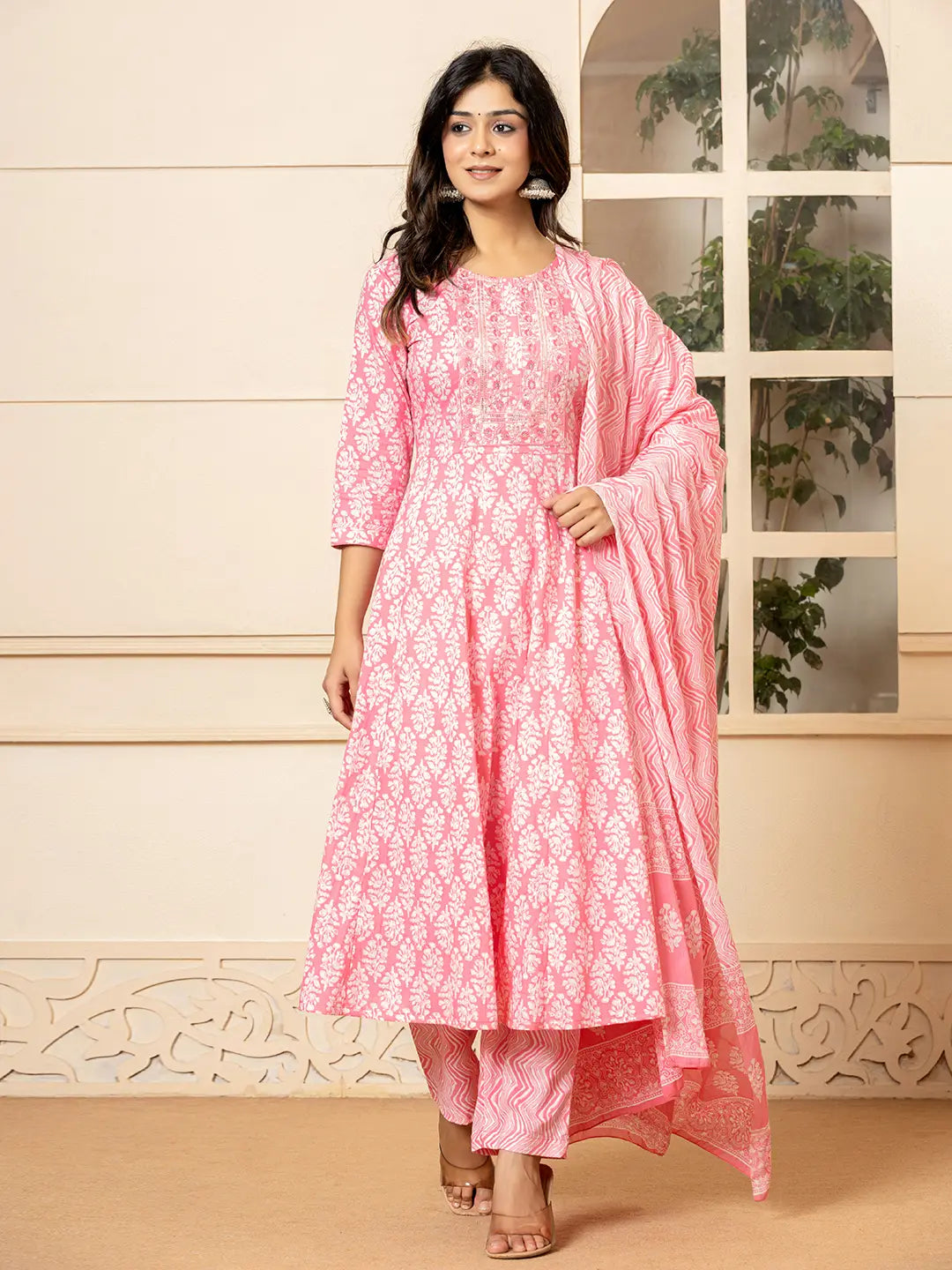 Pink Embroidered Pure Cotton Anarkali Kurta Trouser With Dupatta Set-Yufta Store-6967SKDPKS