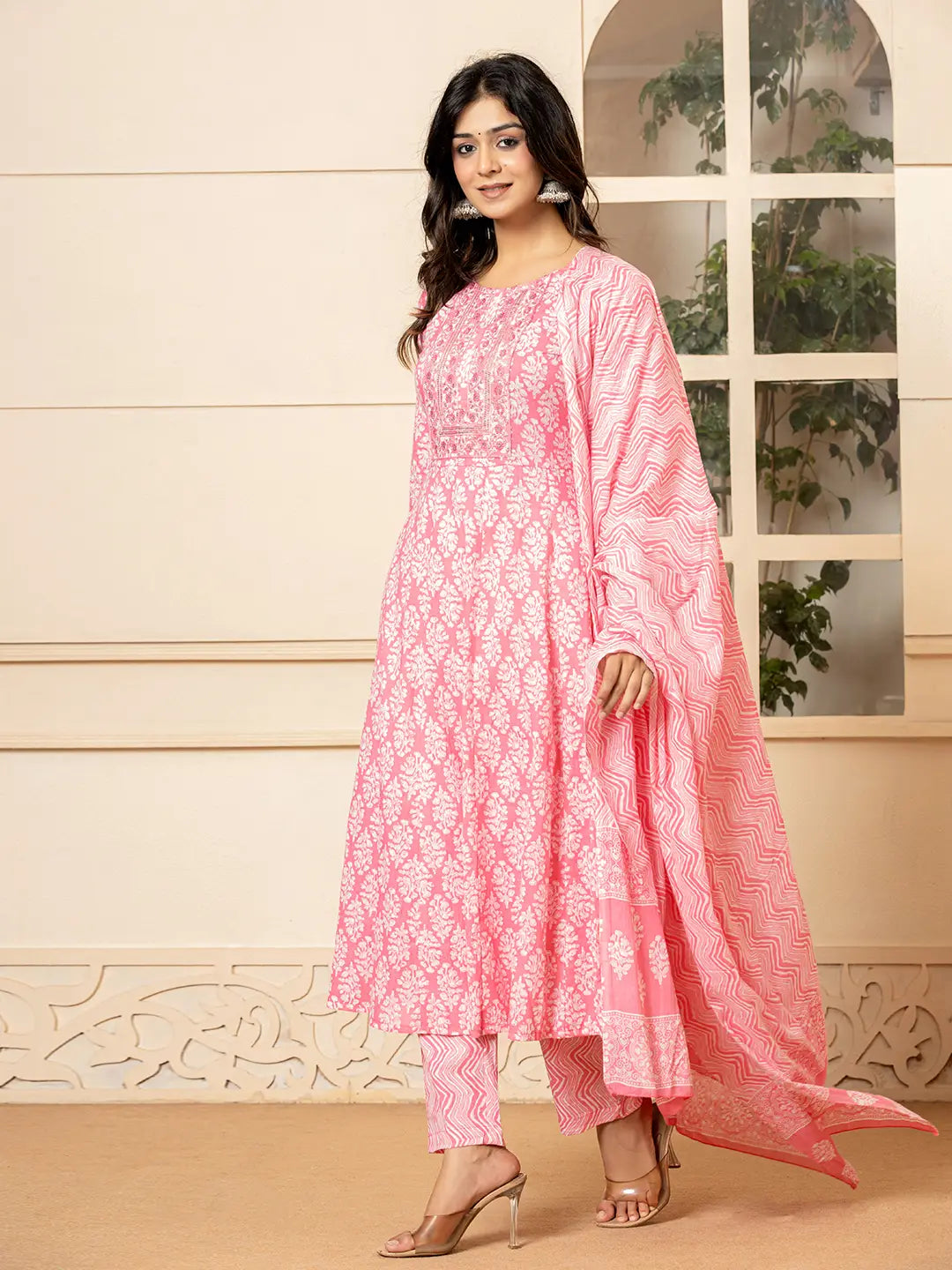 Pink Embroidered Pure Cotton Anarkali Kurta Trouser With Dupatta Set-Yufta Store-6967SKDPKS