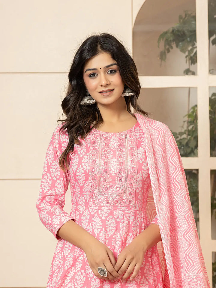 Pink Embroidered Pure Cotton Anarkali Kurta Trouser With Dupatta Set-Yufta Store-6967SKDPKS