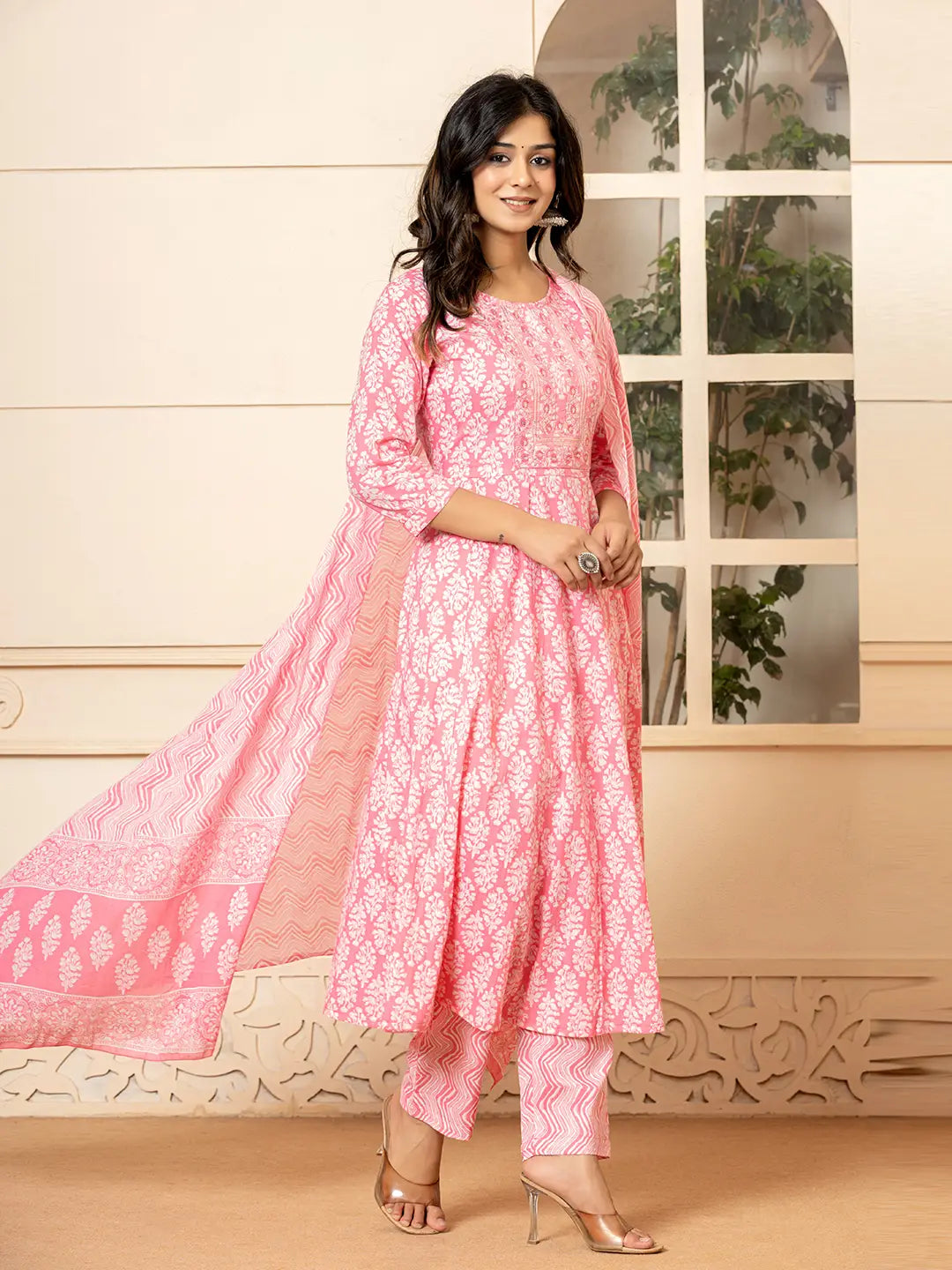 Pink Embroidered Pure Cotton Anarkali Kurta Trouser With Dupatta Set-Yufta Store-6967SKDPKS