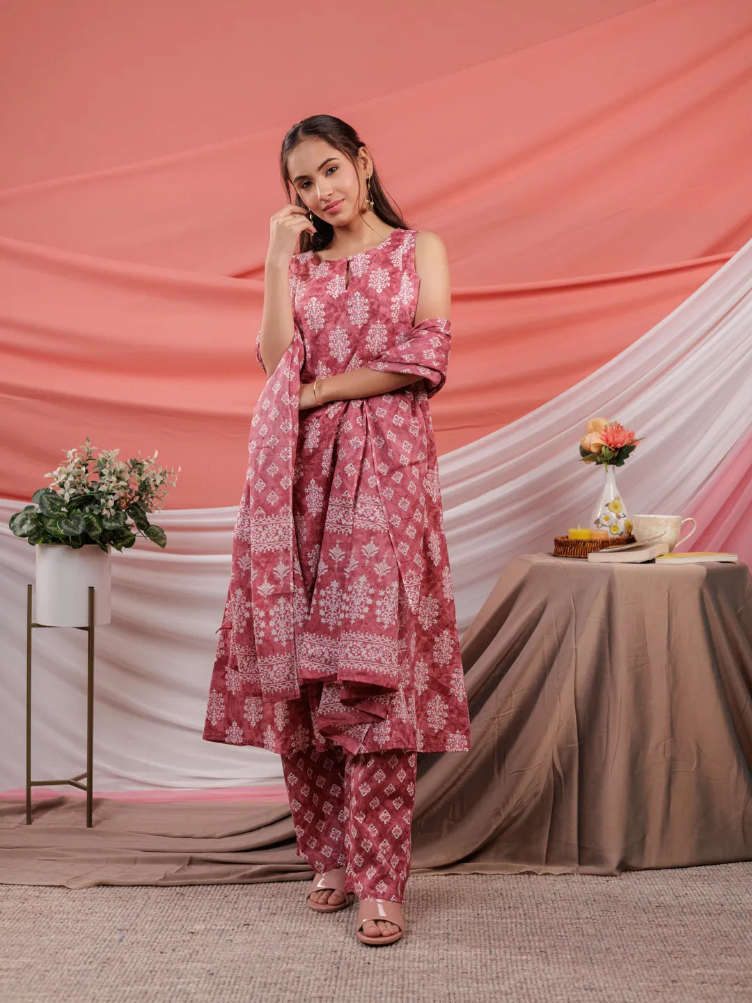 Pink Ethnic Motifs Cotton A-Line Kurta Trouser & Dupatta Set-Yufta Store-7039SKDPKS