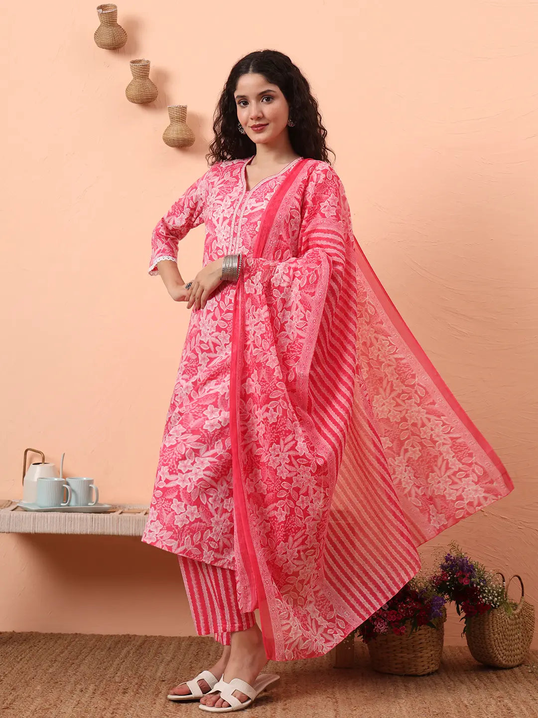 Pink Ethnic Motifs Pure Cotton Straight Kurta Pant Set-Yufta Store-6458SKDPKM