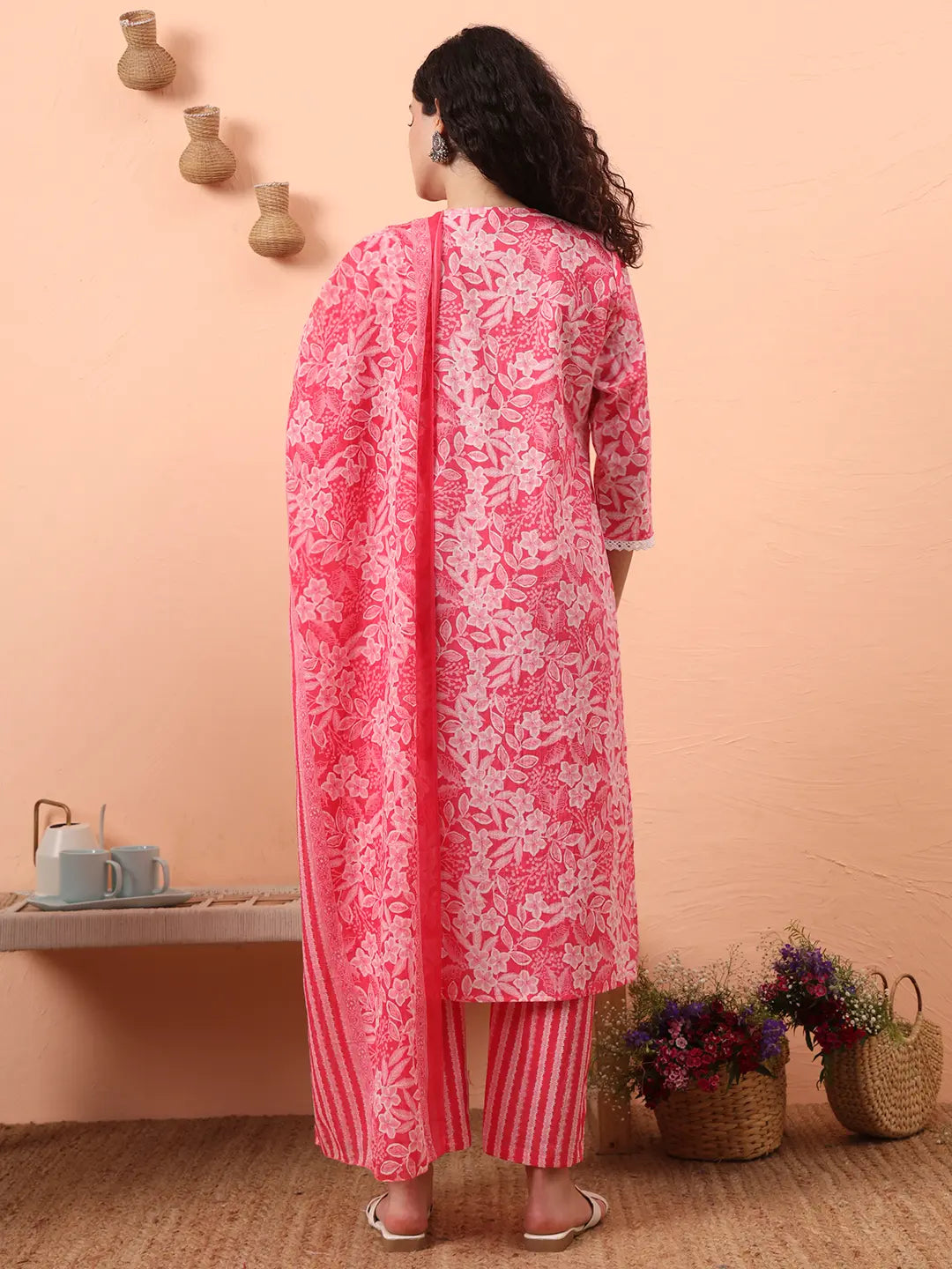 Pink Ethnic Motifs Pure Cotton Straight Kurta Pant Set-Yufta Store-6458SKDPKM