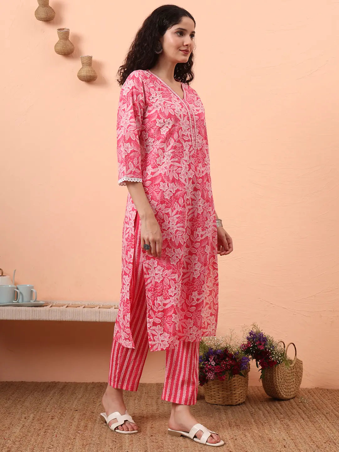 Pink Ethnic Motifs Pure Cotton Straight Kurta Pant Set-Yufta Store-6458SKDPKM