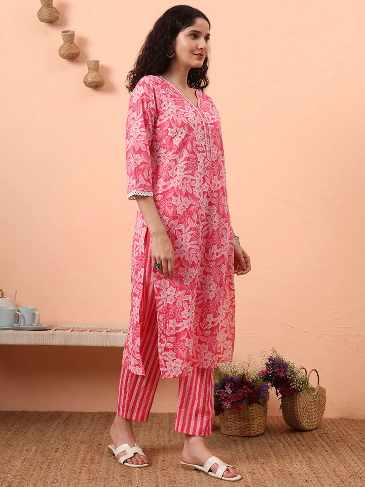 Pink Ethnic Motifs Pure Cotton Straight Kurta Pant Set-Yufta Store-6458SKDPKM