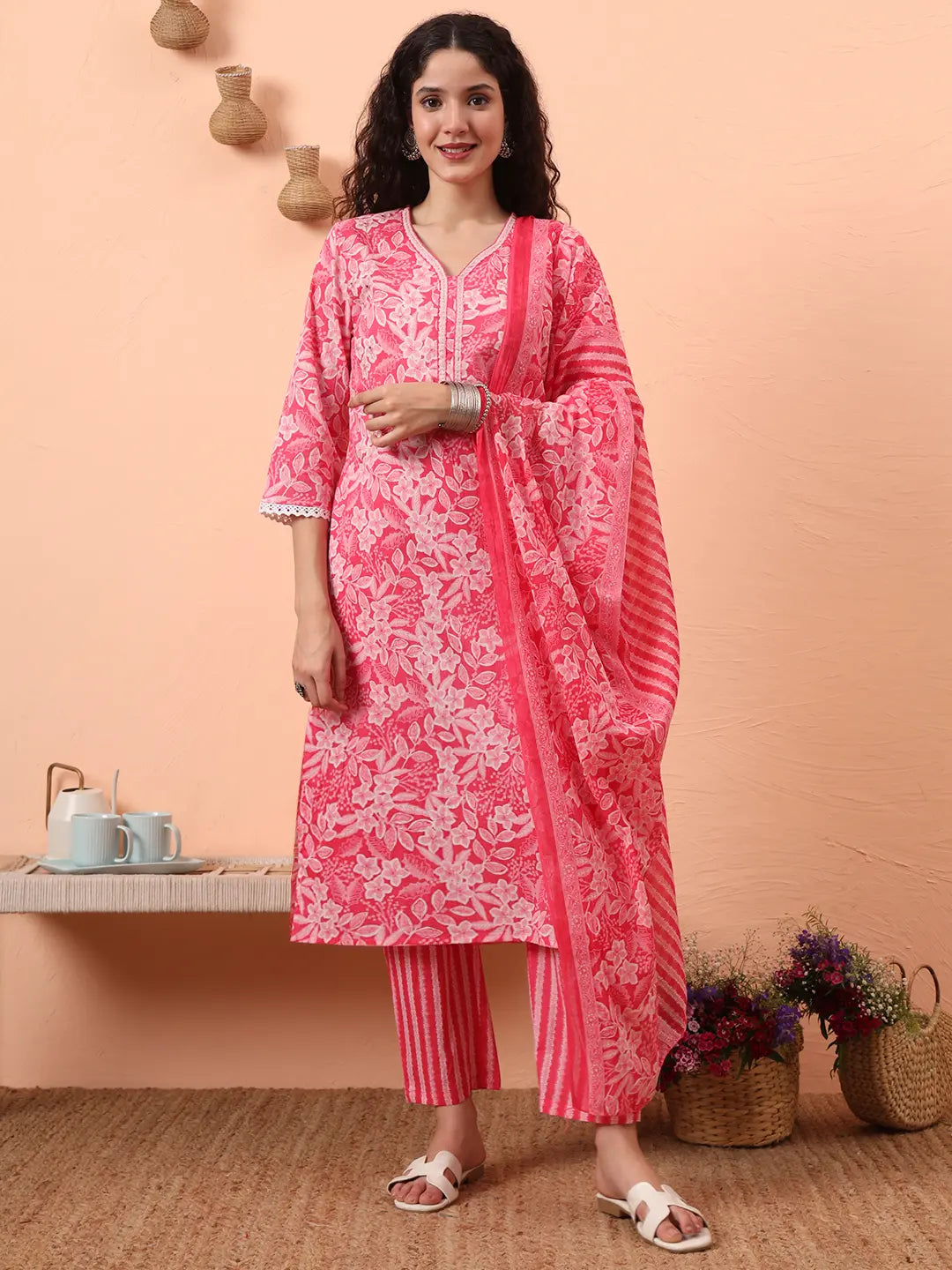 Pink Ethnic Motifs Pure Cotton Straight Kurta Pant Set-Yufta Store-6458SKDPKM