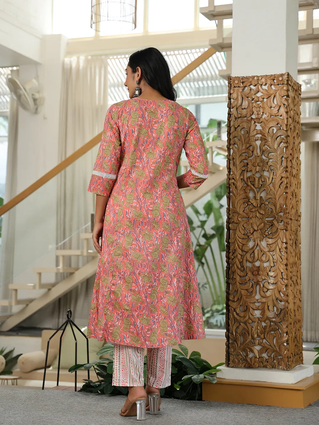 Pink Floral A-Line Kurta Trouser Dupatta Set With Lace Work-Yufta Store-6516SKDPKM
