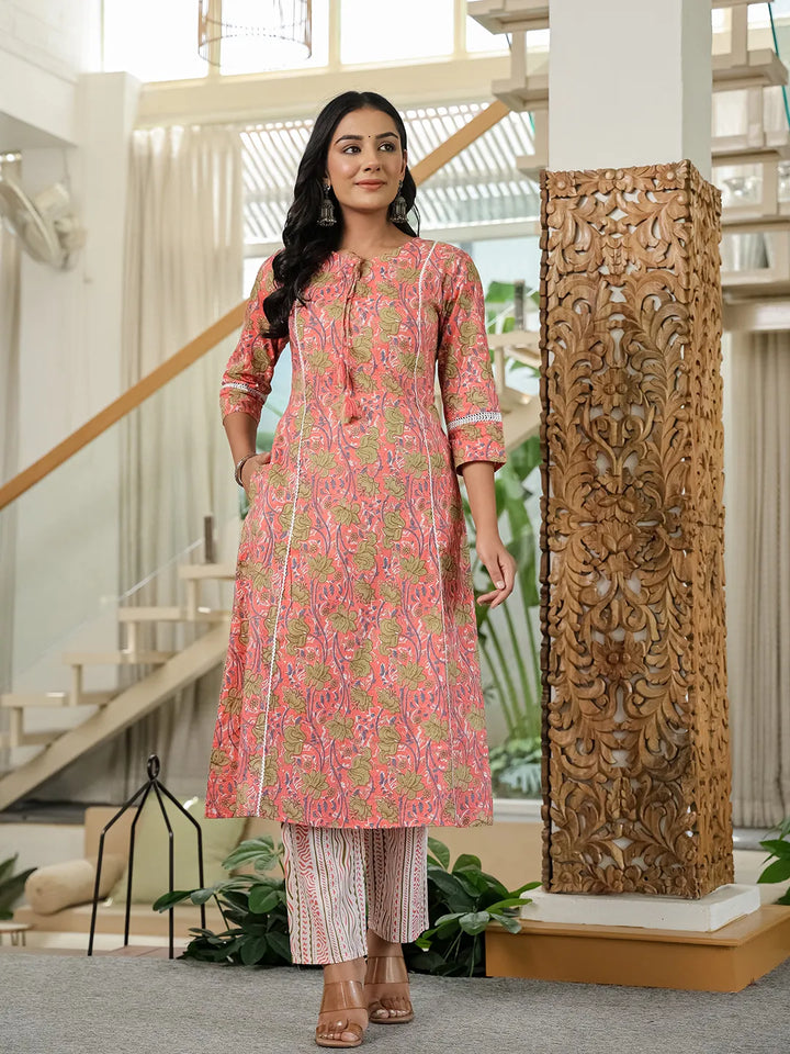Pink Floral A-Line Kurta Trouser Dupatta Set With Lace Work-Yufta Store-6516SKDPKM