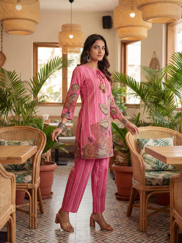 Pink Floral And Striped Print Straight Cotton Co-Ord Set-Yufta Store-7489CRDPKM