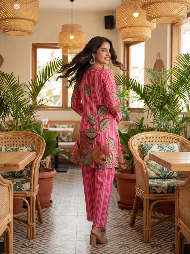 Pink Floral And Striped Print Straight Cotton Co-Ord Set-Yufta Store-7489CRDPKM