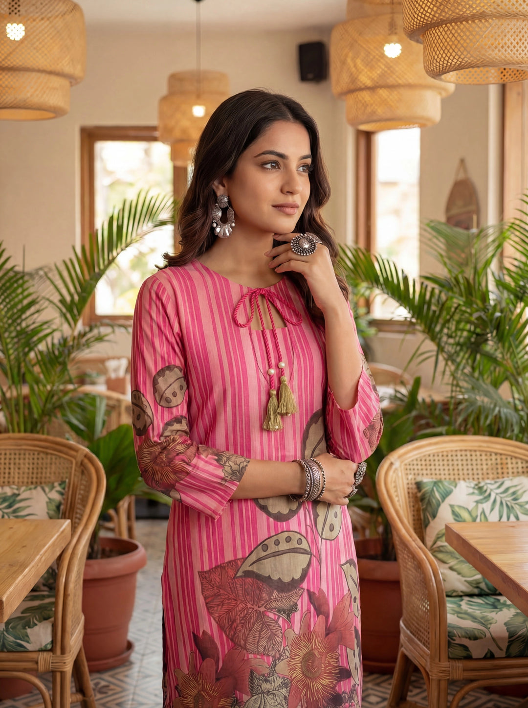 Pink Floral And Striped Print Straight Cotton Co-Ord Set-Yufta Store-7489CRDPKM