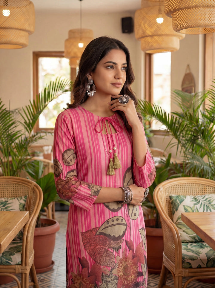 Pink Floral And Striped Print Straight Cotton Co-Ord Set-Yufta Store-7489CRDPKM