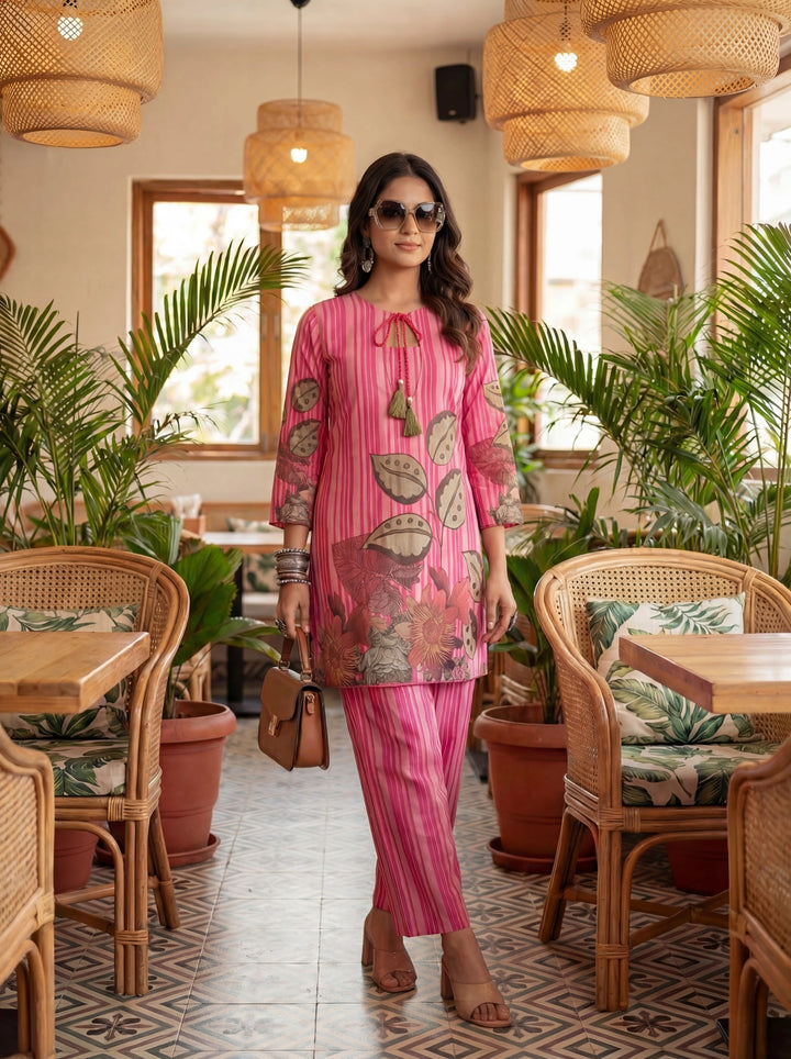 Pink Floral And Striped Print Straight Cotton Co-Ord Set-Yufta Store-7489CRDPKM