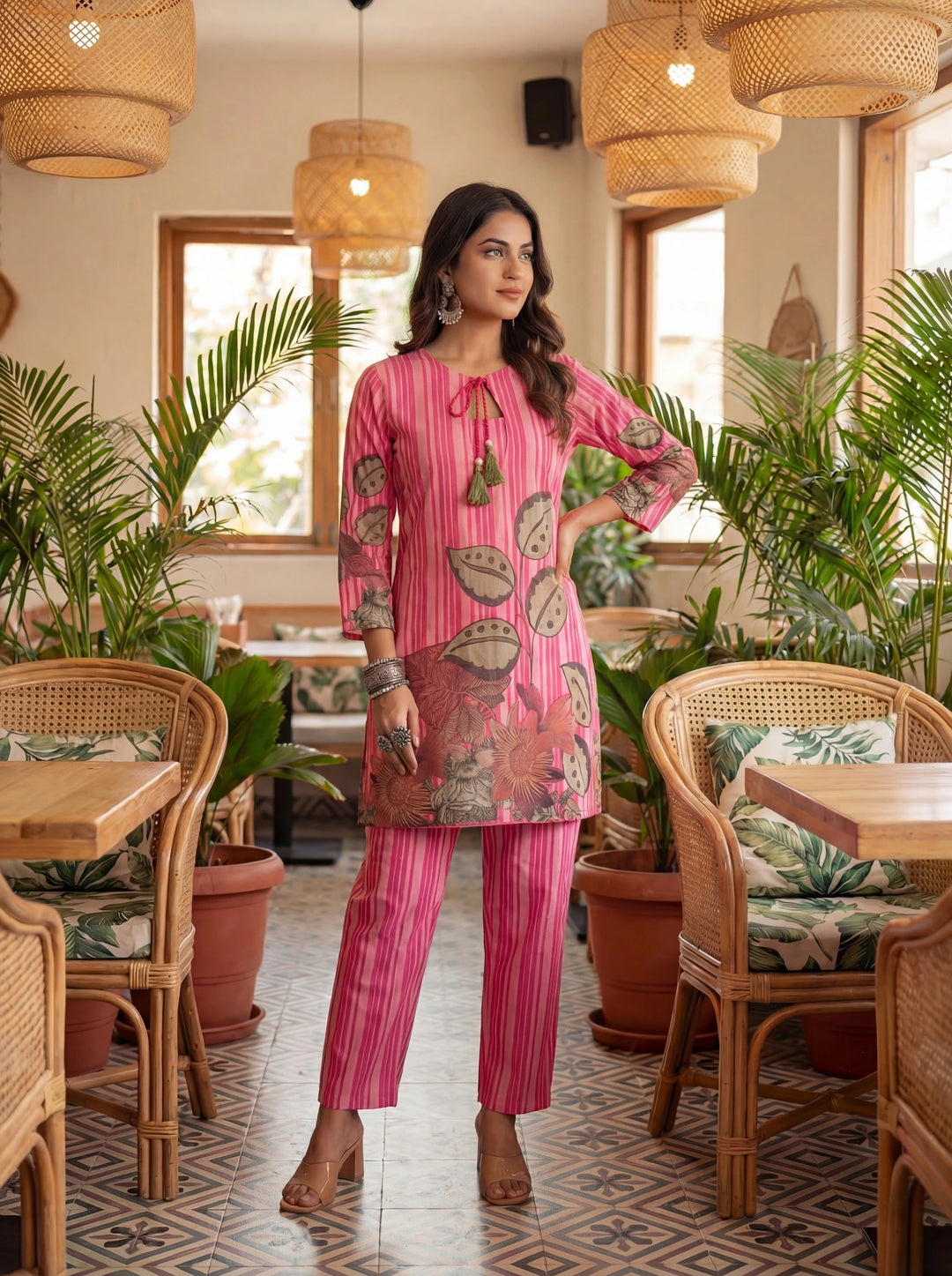 Pink Floral And Striped Print Straight Cotton Co-Ord Set-Yufta Store-7489CRDPKM