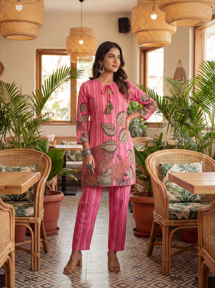 Pink Floral And Striped Print Straight Cotton Co-Ord Set-Yufta Store-7489CRDPKM